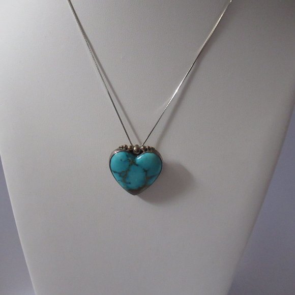 Vintage Native American Turquoise Heart Pendant Pin Sterling Silver Signed M Lee - Picture 2 of 5
